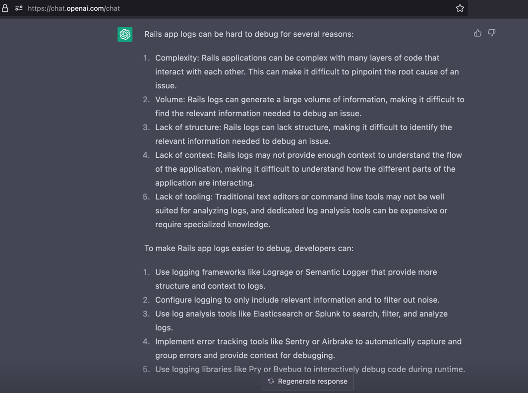 Figure 1. ChatGPT&rsquo;s opinion of Rails log outputs