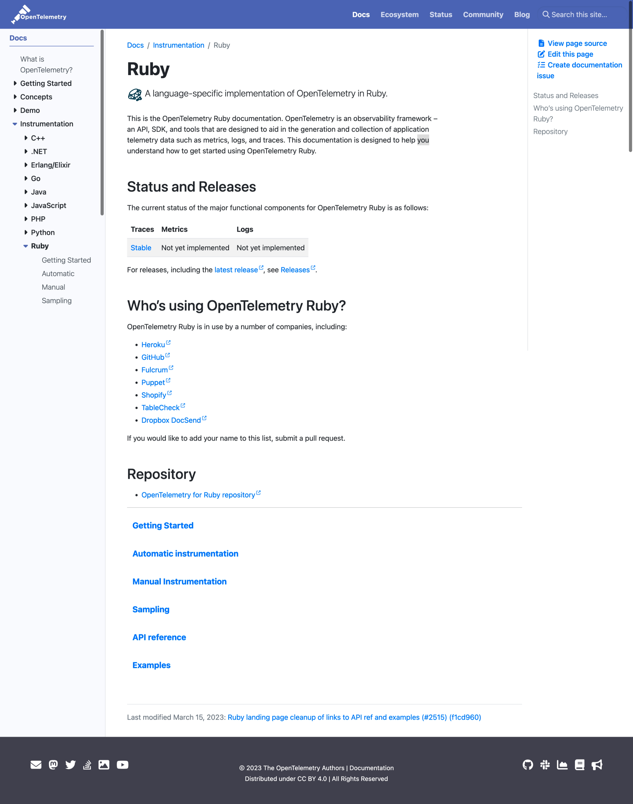 Figure 2. OpenTelemetry Ruby SDK Page